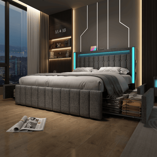 Cama estofada 140x200 cm - função de carregamento USB Tipo C, luz LED e 4 gavetas - Cinza