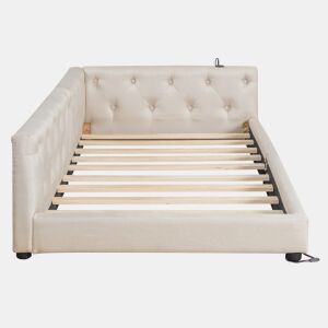 Sofá-cama 90x200 cm - com estrado, sem colchão, iluminação ambiente com comando, cabeceira acolchoada, USB+Tipo-C, linho - bege