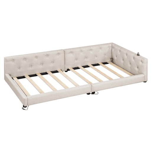 Sofá-cama 90x200 cm - com estrado, sem colchão, iluminação ambiente com comando, cabeceira acolchoada, USB+Tipo-C, linho - bege