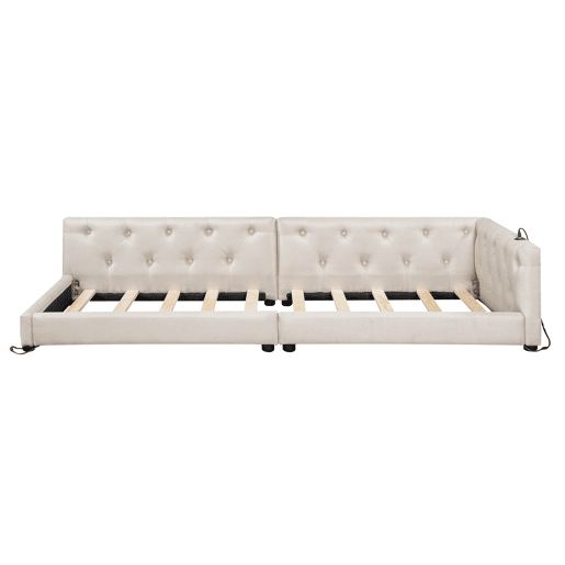 Sofá-cama 90x200 cm - com estrado, sem colchão, iluminação ambiente com comando, cabeceira acolchoada, USB+Tipo-C, linho - bege