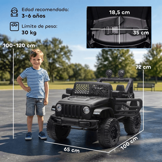 HOMCOM Carro Elétrico para Crianças a partir dos 3 Anos Veículo Todo-o-Terreno com Bateria de 12V 2 Motores Controlo Remoto 2,4G Faróis Buzina Velocidade Ajustável Suporta 30 kg 100x65x72 cm Preto