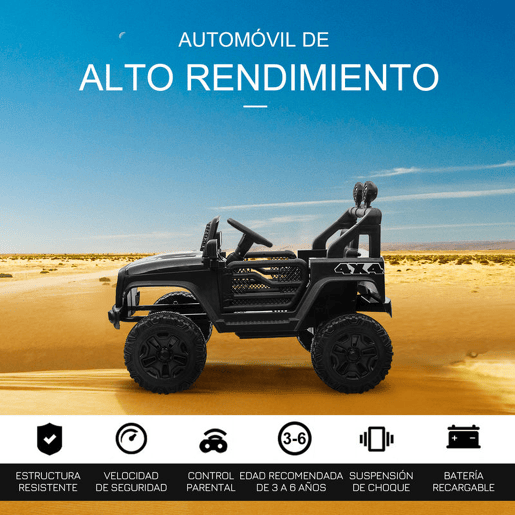 HOMCOM Carro Elétrico para Crianças a partir dos 3 Anos Veículo Todo-o-Terreno com Bateria de 12V 2 Motores Controlo Remoto 2,4G Faróis Buzina Velocidade Ajustável Suporta 30 kg 100x65x72 cm Preto