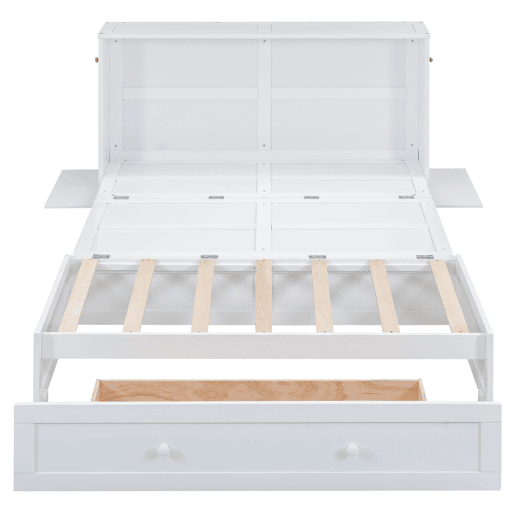 Cama Schrankbett 140x200 cm - Com gavetas na extremidade da cama e prateleira lateral - Branco