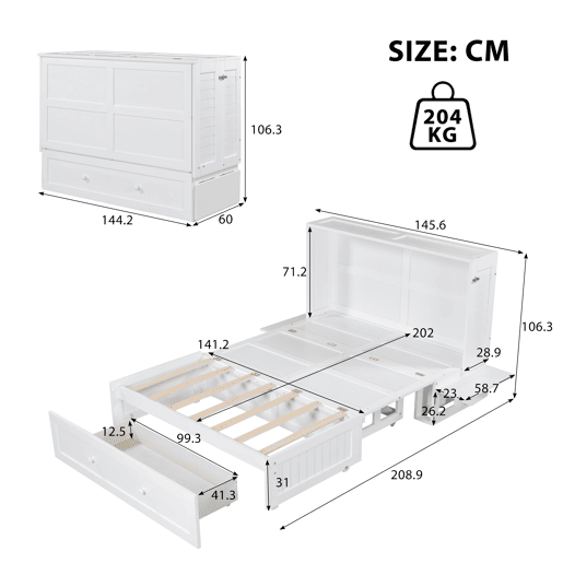 Cama Schrankbett 140x200 cm - Com gavetas na extremidade da cama e prateleira lateral - Branco