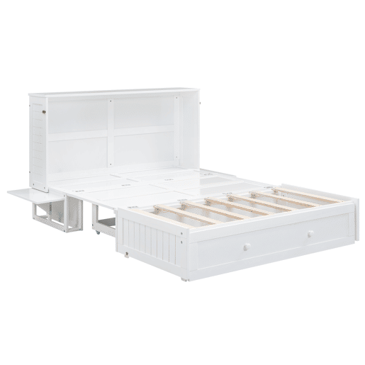 Cama Schrankbett 140x200 cm - Com gavetas na extremidade da cama e prateleira lateral - Branco