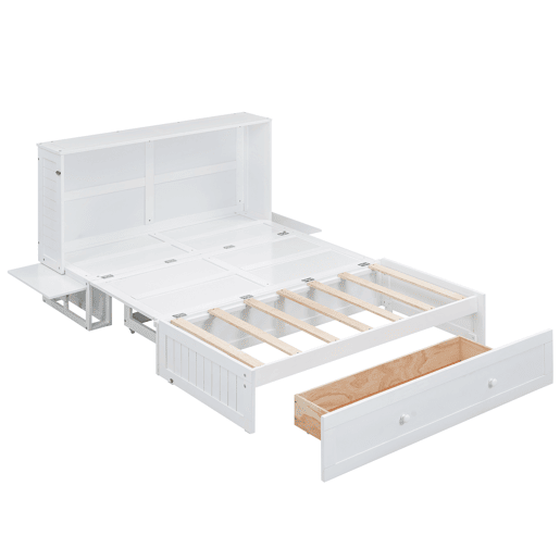 Cama Schrankbett 140x200 cm - Com gavetas na extremidade da cama e prateleira lateral - Branco