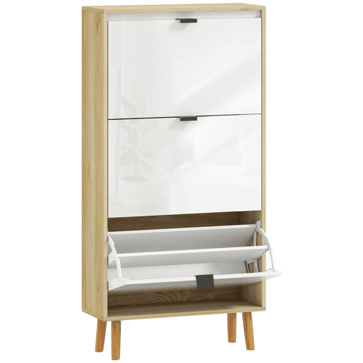 HOMCOM Sapateira Estreita com 3 Portas em Branco Brilhante Sapateira de Entrada com Prateleiras Ajustáveis e Pernas de Madeira para 18 Pares de Sapatos 60x24x127 cm Branco