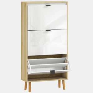HOMCOM Sapateira Estreita com 3 Portas em Branco Brilhante Sapateira de Entrada com Prateleiras Ajustáveis e Pernas de Madeira para 18 Pares de Sapatos 60x24x127 cm Branco