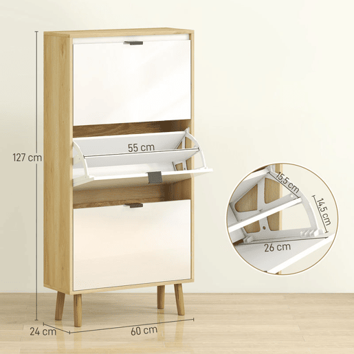 HOMCOM Sapateira Estreita com 3 Portas em Branco Brilhante Sapateira de Entrada com Prateleiras Ajustáveis e Pernas de Madeira para 18 Pares de Sapatos 60x24x127 cm Branco