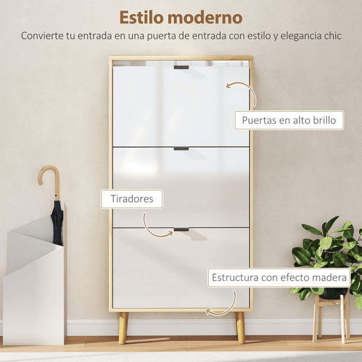 HOMCOM Sapateira Estreita com 3 Portas em Branco Brilhante Sapateira de Entrada com Prateleiras Ajustáveis e Pernas de Madeira para 18 Pares de Sapatos 60x24x127 cm Branco
