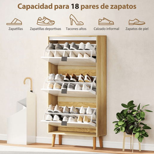HOMCOM Sapateira Estreita com 3 Portas em Branco Brilhante Sapateira de Entrada com Prateleiras Ajustáveis e Pernas de Madeira para 18 Pares de Sapatos 60x24x127 cm Branco