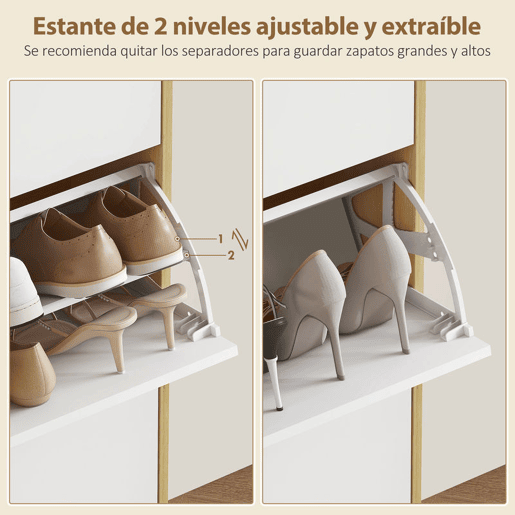 HOMCOM Sapateira Estreita com 3 Portas em Branco Brilhante Sapateira de Entrada com Prateleiras Ajustáveis e Pernas de Madeira para 18 Pares de Sapatos 60x24x127 cm Branco