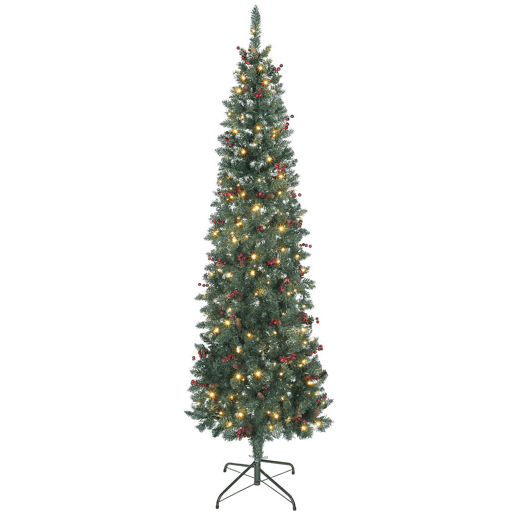 HOMCOM Árvore de Natal Slim 210 cm Árvore de Natal Artificial com Luzes LED Branco Quente 8 Modos de Iluminação 656 Ramos com Purpurina Prateada Pinhas Bagas e Suporte Metálico Verde