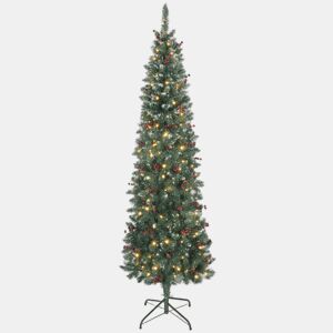 HOMCOM Árvore de Natal Slim 210 cm Árvore de Natal Artificial com Luzes LED Branco Quente 8 Modos de Iluminação 656 Ramos com Purpurina Prateada Pinhas Bagas e Suporte Metálico Verde