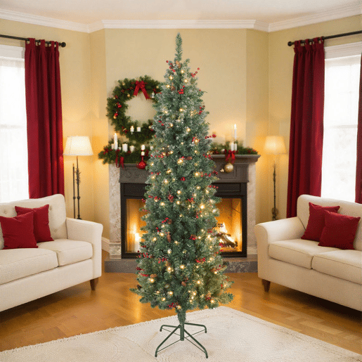 HOMCOM Árvore de Natal Slim 210 cm Árvore de Natal Artificial com Luzes LED Branco Quente 8 Modos de Iluminação 656 Ramos com Purpurina Prateada Pinhas Bagas e Suporte Metálico Verde