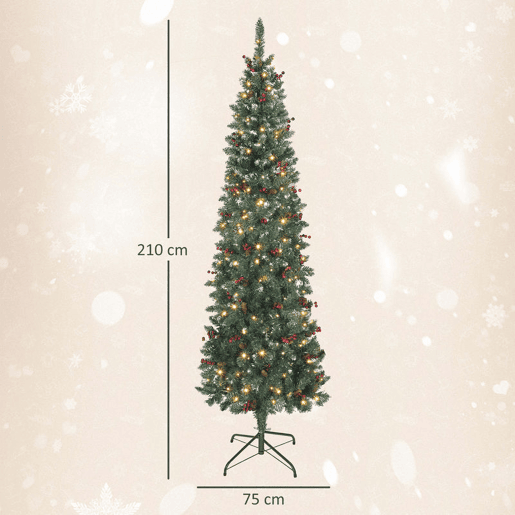 HOMCOM Árvore de Natal Slim 210 cm Árvore de Natal Artificial com Luzes LED Branco Quente 8 Modos de Iluminação 656 Ramos com Purpurina Prateada Pinhas Bagas e Suporte Metálico Verde