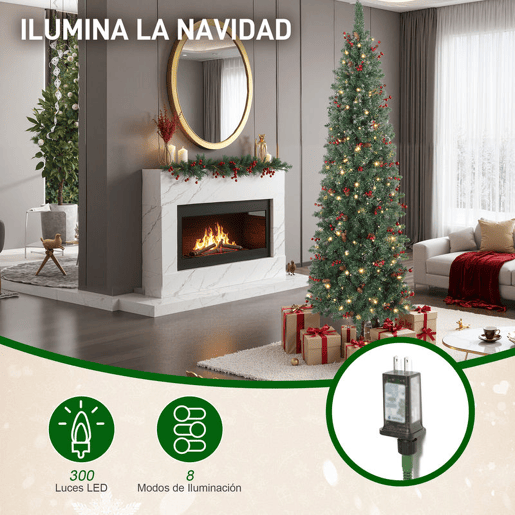 HOMCOM Árvore de Natal Slim 210 cm Árvore de Natal Artificial com Luzes LED Branco Quente 8 Modos de Iluminação 656 Ramos com Purpurina Prateada Pinhas Bagas e Suporte Metálico Verde