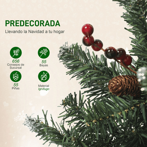 HOMCOM Árvore de Natal Slim 210 cm Árvore de Natal Artificial com Luzes LED Branco Quente 8 Modos de Iluminação 656 Ramos com Purpurina Prateada Pinhas Bagas e Suporte Metálico Verde