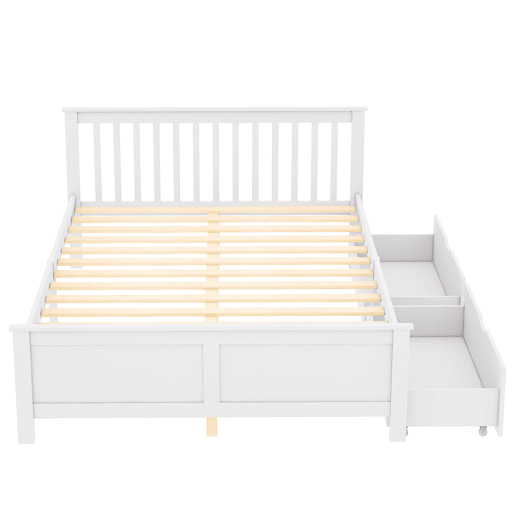 Cama de casal em madeira 140x200cm - com gavetas de arrumação, estrutura em pinho - Branco