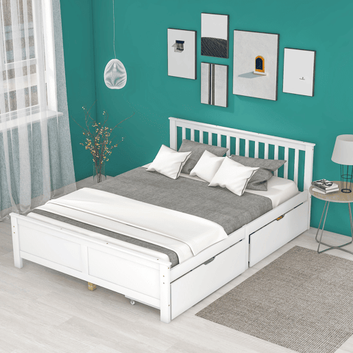 Cama de casal em madeira 140x200cm - com gavetas de arrumação, estrutura em pinho - Branco
