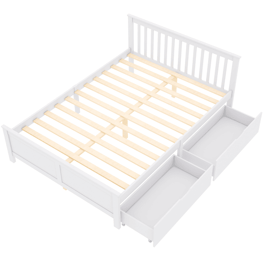 Cama de casal em madeira 140x200cm - com gavetas de arrumação, estrutura em pinho - Branco