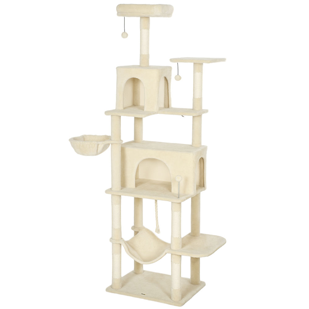 Pawhut árbol rascador para gatos, árbol para gatos 202 cm, torre escalador con plataformas, 2 hamacas, 2 cuevas, 6 postes de sisal, 3 bolas y cuerda para jugar, beige