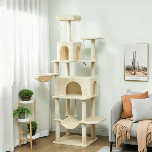 PawHut Arranhador para Gatos 202 cm Torre de Escalada com Plataformas Plataformas Caverna Postes de Sisal Bolas e Corda para Brincar Bege