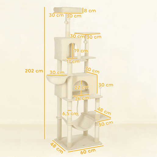 PawHut Arranhador para Gatos 202 cm Torre de Escalada com Plataformas Plataformas Caverna Postes de Sisal Bolas e Corda para Brincar Bege