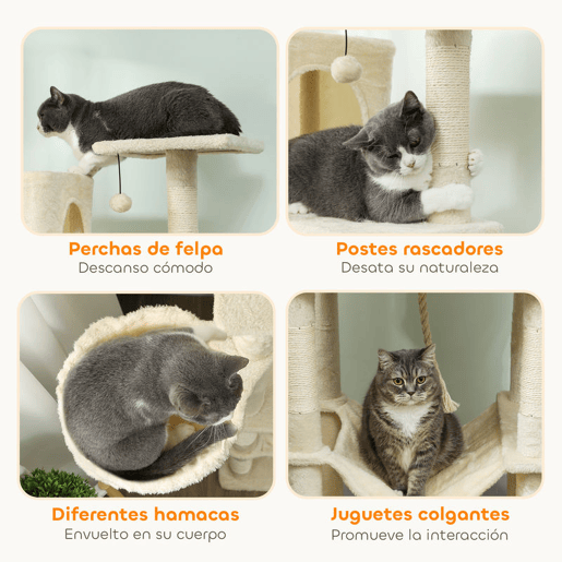 PawHut Arranhador para Gatos 202 cm Torre de Escalada com Plataformas Plataformas Caverna Postes de Sisal Bolas e Corda para Brincar Bege