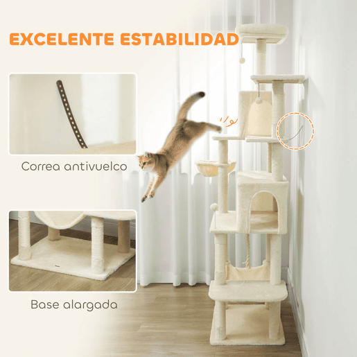 PawHut Arranhador para Gatos 202 cm Torre de Escalada com Plataformas Plataformas Caverna Postes de Sisal Bolas e Corda para Brincar Bege