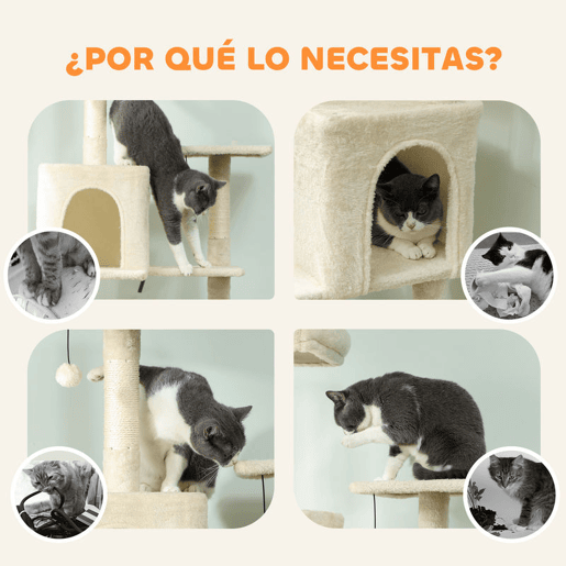 PawHut Arranhador para Gatos 202 cm Torre de Escalada com Plataformas Plataformas Caverna Postes de Sisal Bolas e Corda para Brincar Bege