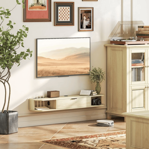 HOMCOM Móvel de TV Suspenso Móvel de TV para Sala com Gaveta Rebatível 2 Prateleiras Abertas Orifício para Cabos Estilo Moderno para Televisão 50 Polegadas 120x24x16 cm Madeira