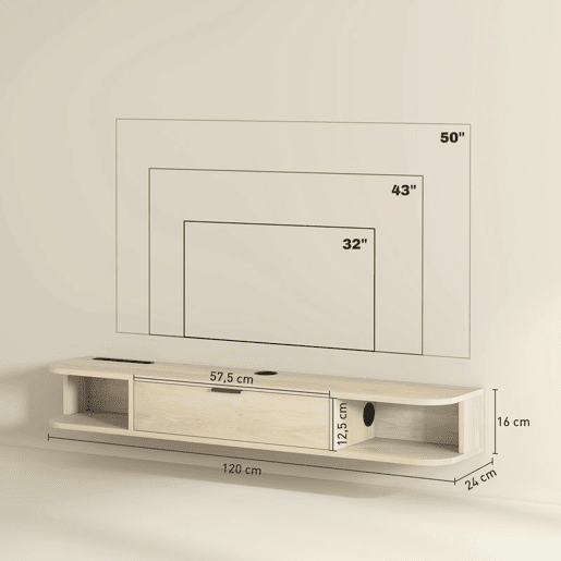 HOMCOM Móvel de TV Suspenso Móvel de TV para Sala com Gaveta Rebatível 2 Prateleiras Abertas Orifício para Cabos Estilo Moderno para Televisão 50 Polegadas 120x24x16 cm Madeira