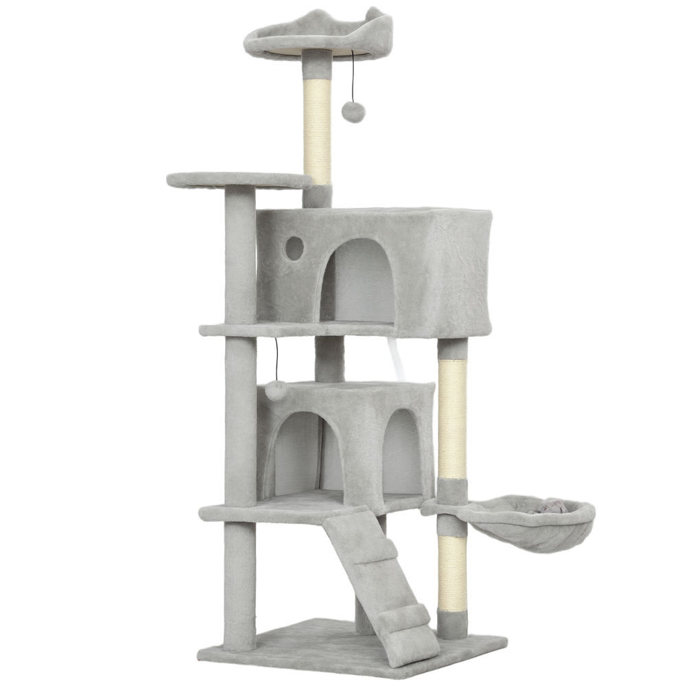 Pawhut árbol rascador para gatos, árbol para gatos 140 cm, torre escalador con múltiples plataformas, cama, 2 cuevas, hamaca, escalera, postes de
