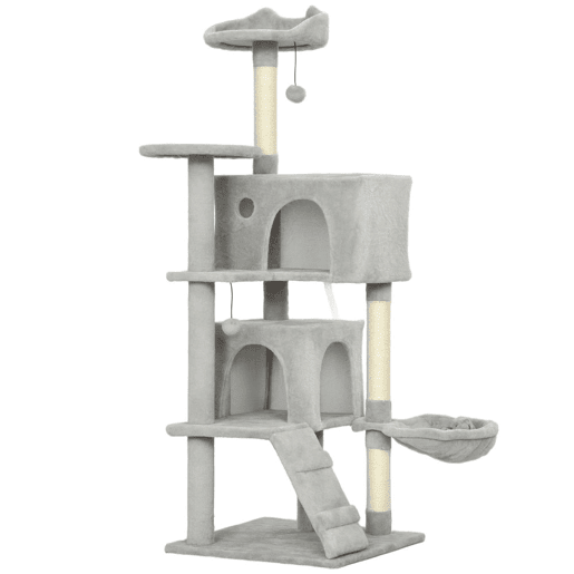 PawHut Arranhador para Gatos 140 cm Torre de Escalada com Múltiplas Plataformas Cama 2 Cavernas Rede Escada Postes de Sisal Bolas para Brincar Cinzento Claro