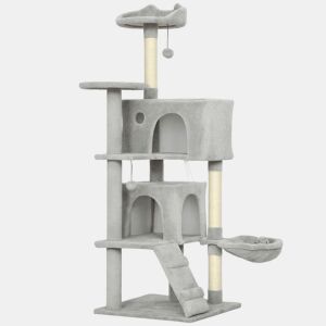 PawHut Arranhador para Gatos 140 cm Torre de Escalada com Múltiplas Plataformas Cama 2 Cavernas Rede Escada Postes de Sisal Bolas para Brincar Cinzento Claro