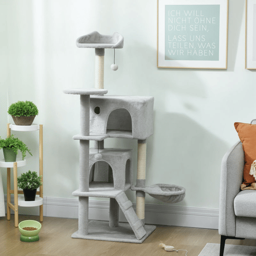 PawHut Arranhador para Gatos 140 cm Torre de Escalada com Múltiplas Plataformas Cama 2 Cavernas Rede Escada Postes de Sisal Bolas para Brincar Cinzento Claro