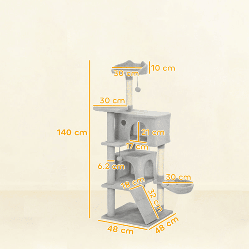 PawHut Arranhador para Gatos 140 cm Torre de Escalada com Múltiplas Plataformas Cama 2 Cavernas Rede Escada Postes de Sisal Bolas para Brincar Cinzento Claro