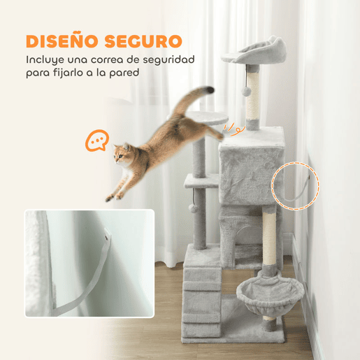 PawHut Arranhador para Gatos 140 cm Torre de Escalada com Múltiplas Plataformas Cama 2 Cavernas Rede Escada Postes de Sisal Bolas para Brincar Cinzento Claro