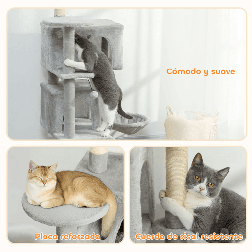 PawHut Arranhador para Gatos 140 cm Torre de Escalada com Múltiplas Plataformas Cama 2 Cavernas Rede Escada Postes de Sisal Bolas para Brincar Cinzento Claro