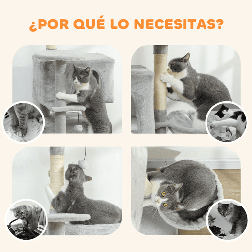 PawHut Arranhador para Gatos 140 cm Torre de Escalada com Múltiplas Plataformas Cama 2 Cavernas Rede Escada Postes de Sisal Bolas para Brincar Cinzento Claro