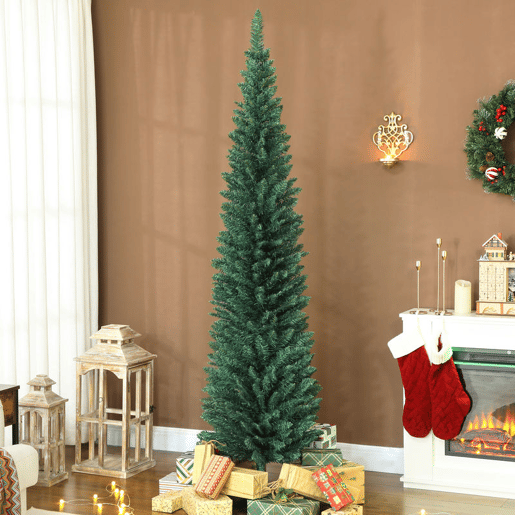 HOMCOM Árvore de Natal Slim 210 cm Árvore de Natal Artificial com 401 Ramos Suporte Metálico Fácil de Montar Decoração para Interior Casa Escritório Verde
