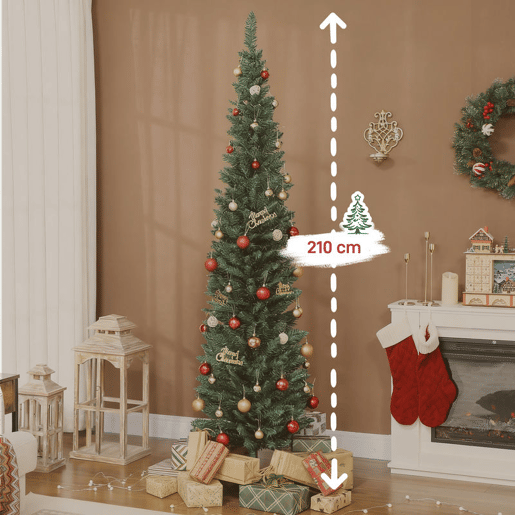 HOMCOM Árvore de Natal Slim 210 cm Árvore de Natal Artificial com 401 Ramos Suporte Metálico Fácil de Montar Decoração para Interior Casa Escritório Verde