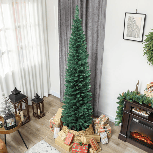 HOMCOM Árvore de Natal Slim 210 cm Árvore de Natal Artificial com 401 Ramos Suporte Metálico Fácil de Montar Decoração para Interior Casa Escritório Verde
