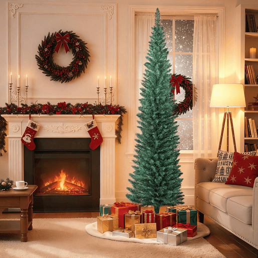 HOMCOM Árvore de Natal Slim 210 cm Árvore de Natal Artificial com 401 Ramos Suporte Metálico Fácil de Montar Decoração para Interior Casa Escritório Verde