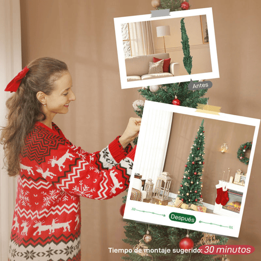 HOMCOM Árvore de Natal Slim 210 cm Árvore de Natal Artificial com 401 Ramos Suporte Metálico Fácil de Montar Decoração para Interior Casa Escritório Verde