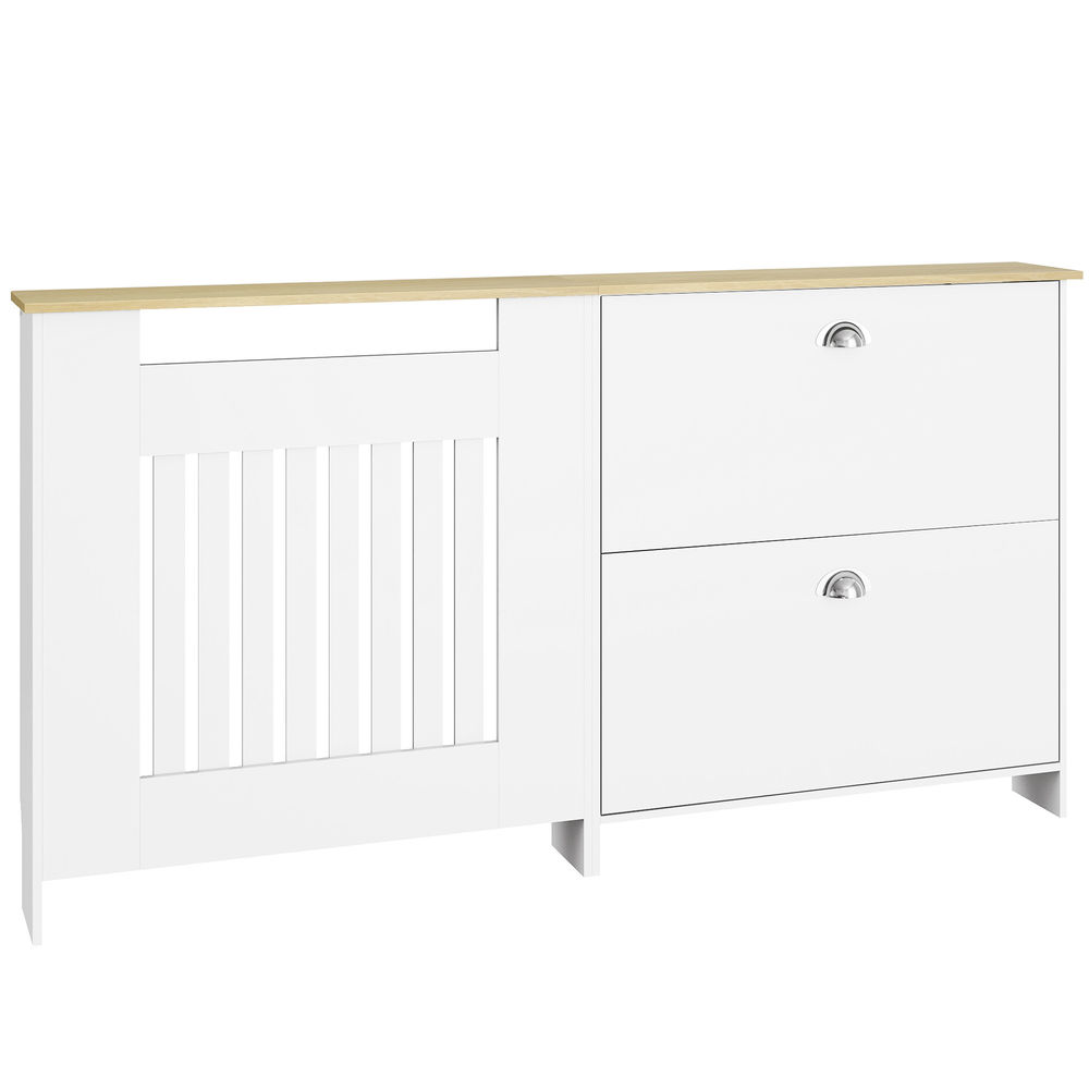 Homcom cubre radiadores con zapatero, cubreradiador de mdf, 152x19x81 cm, cubierta para radiador con 2 cajones abatibles, diseño moderno de listones, para salón, dormitorio, blanco
