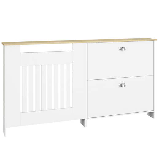HOMCOM Cobertura Radiadores com Sapateira Cobertura para Radiador de MDF 152x19x81 cm Cobertura para Radiador com 2 Gavetas Rebatíveis Desenho Moderno de Ripas para Sala Quarto Branco HOMCOM Cobertura Radiadores com Sapateira Cobertura para Radiador de MDF 152x19x81 cm Cobertura para Radiador com 2 Gavetas Rebatíveis Desenho Moderno de Ripas para Sala Quarto Branco