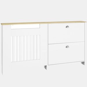 HOMCOM Cobertura Radiadores com Sapateira Cobertura para Radiador de MDF 152x19x81 cm Cobertura para Radiador com 2 Gavetas Rebatíveis Desenho Moderno de Ripas para Sala Quarto Branco