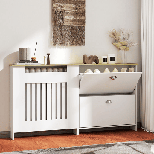 HOMCOM Cobertura Radiadores com Sapateira Cobertura para Radiador de MDF 152x19x81 cm Cobertura para Radiador com 2 Gavetas Rebatíveis Desenho Moderno de Ripas para Sala Quarto Branco HOMCOM Cobertura Radiadores com Sapateira Cobertura para Radiador de MDF 152x19x81 cm Cobertura para Radiador com 2 Gavetas Rebatíveis Desenho Moderno de Ripas para Sala Quarto Branco